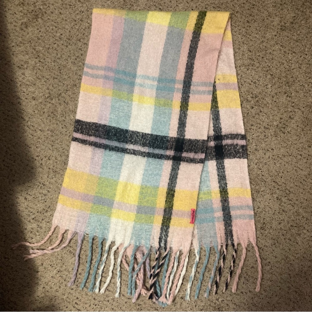 Betsey Johnson pastel plaid oversized soft scarf with fringe winter accessories